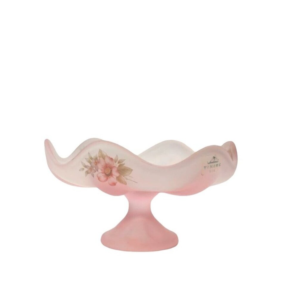 VTG Viking satin frosted pedestal compote pink floral hand painted candy dish
